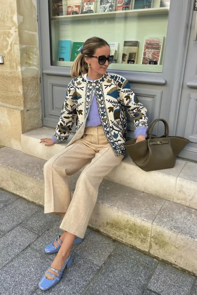 women wearing a spring outfit with blue mary jane flats