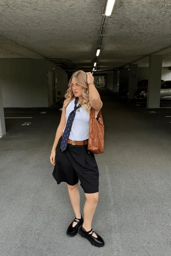 women wearing a quirky outfit with a tie, black short and black mary jane shoes
