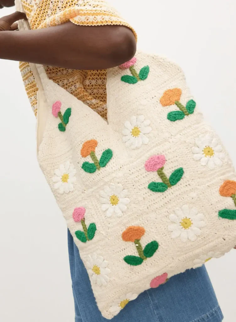Flower Power Cotton Crochet Tote Bag