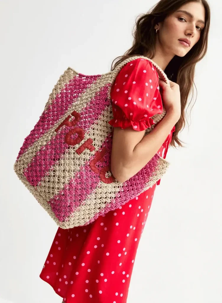 Pink Porto Embroidered Striped Raffia Look Tote