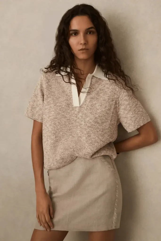 Cotton-Blend Knit Polo Shirt in Neutral