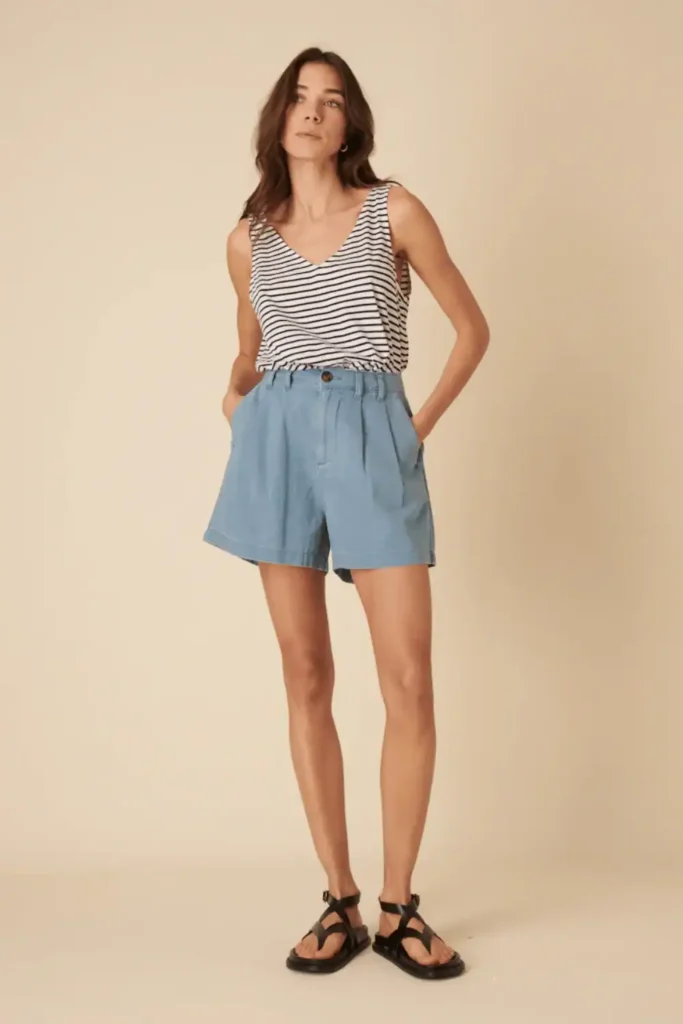 Light Wash Double Pleat Ava Shorts. Affordable Old Money