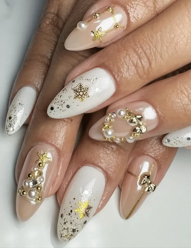 gold and white christmas nails