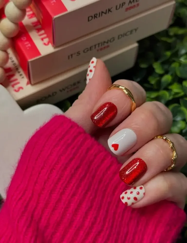 Polka-Dots-and-Glossy-Reds.-Short-Valentines-Day-Nail-Ideas