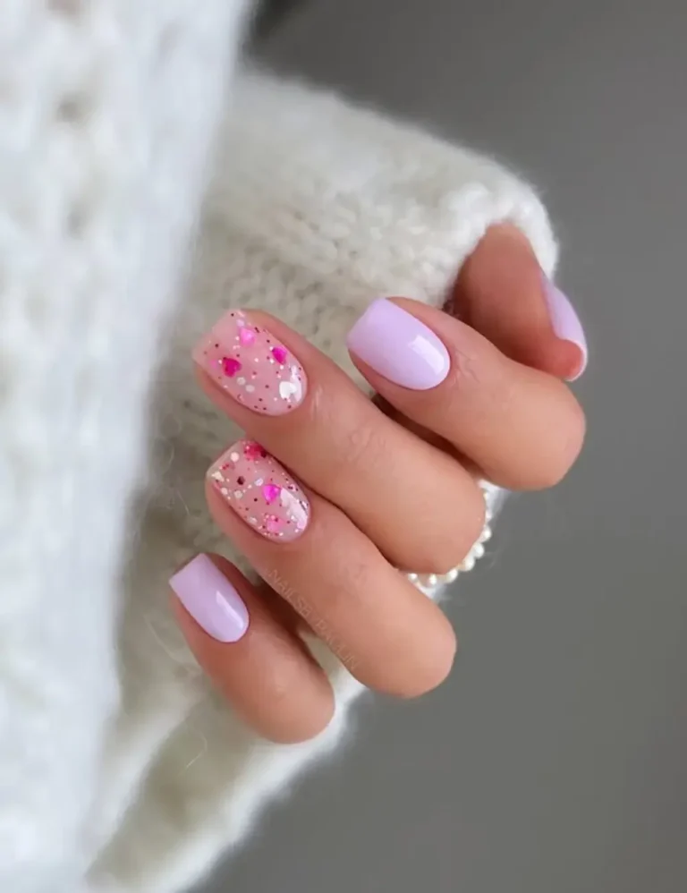Soft-Lilac-With-Confetti-Hearts.-Short-Valentines-Day-Nail-Ideas