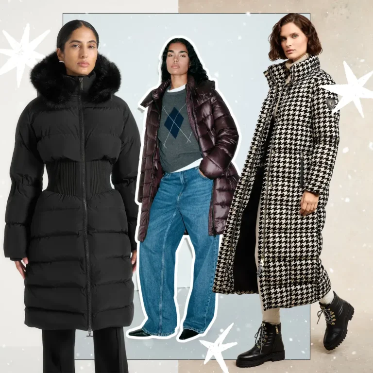 Collage of three cozy duvet coats: a black longline puffer with a corset waist and faux fur hood, a glossy burgundy puffer styled with an argyle sweater and wide-leg jeans, and a black-and-white houndstooth maxi puffer with lace-up boots