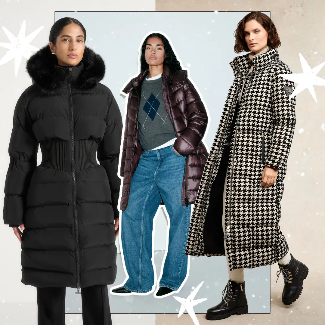 Collage of three cozy duvet coats: a black longline puffer with a corset waist and faux fur hood, a glossy burgundy puffer styled with an argyle sweater and wide-leg jeans, and a black-and-white houndstooth maxi puffer with lace-up boots