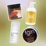 Deep conditioners for low-porosity hair from As I Am, SheaMoisture, Olaplex, and tgin on a green gradient background