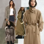 Collage of the best trench coats to buy now, including a gingham check trench, a short taupe belted trench, an olive trench with a buckled belt, and a camel funnel-neck trench with a tie belt