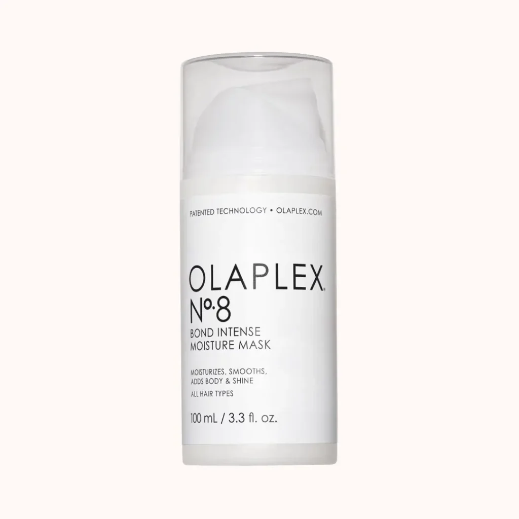 Bottle of Olaplex No.8 Bond Intense Moisture Mask on a plain background