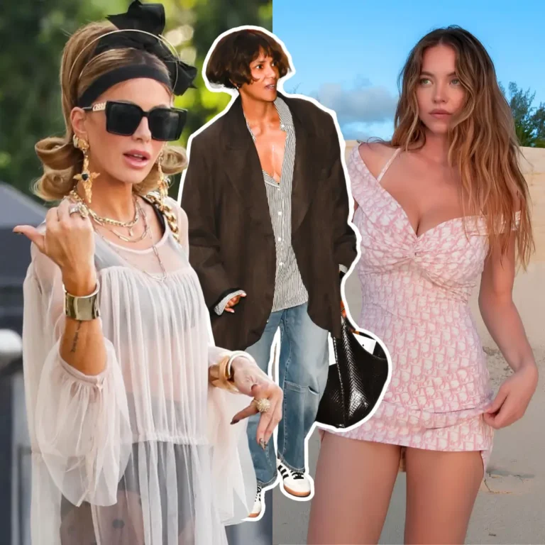 Collage of celebrity fashion trends, showing a sheer white blouse with layered gold jewelry and square sunglasses, an oversized brown blazer with a striped shirt and jeans, and a pink Dior logo-print mini dress