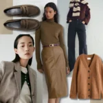 Collage of fall wardrobe staples, including brown penny loafers, a tweed blazer, an olive turtleneck with a leather midi skirt, dark straight-leg jeans, and a camel cardigan