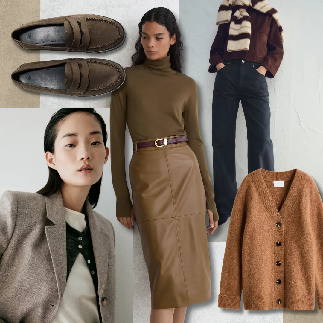 Collage of fall wardrobe staples, including brown penny loafers, a tweed blazer, an olive turtleneck with a leather midi skirt, dark straight-leg jeans, and a camel cardigan