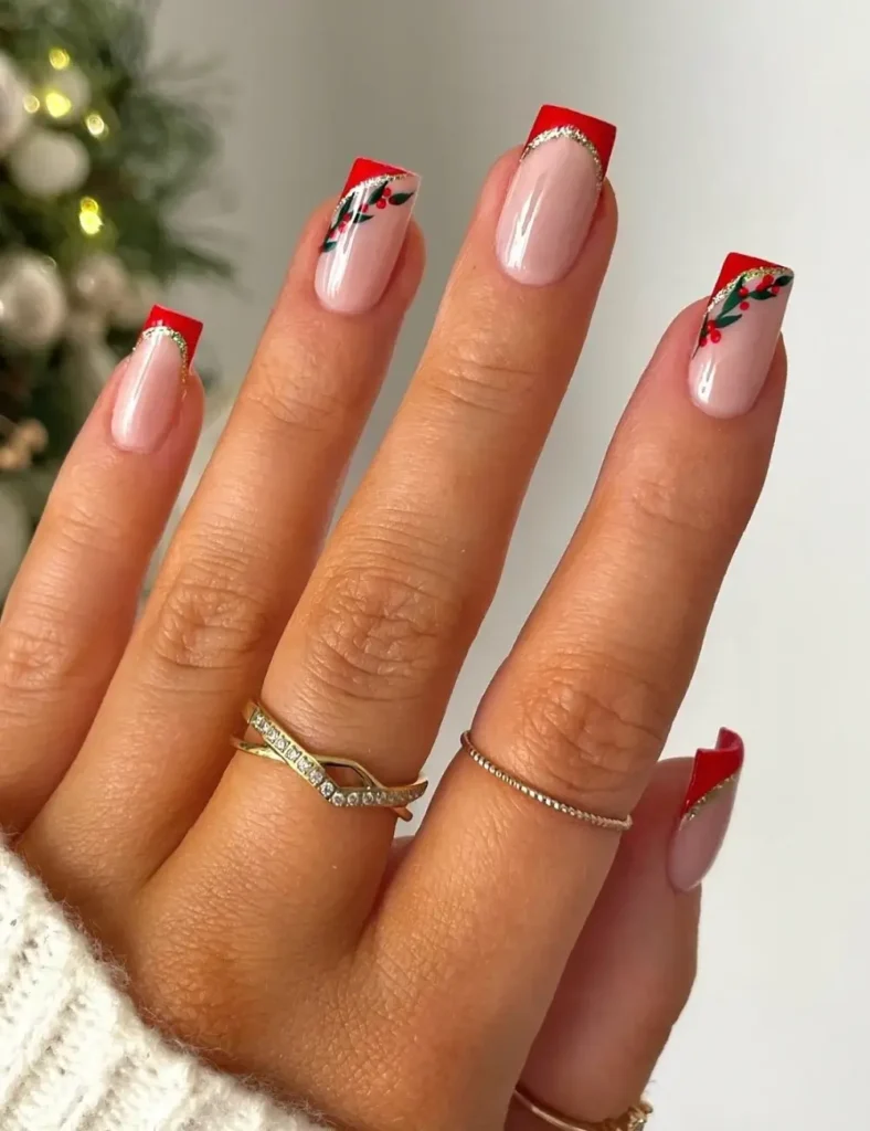 Nude square nails with red French tips, painted holly leaves, and thin gold accent lines
