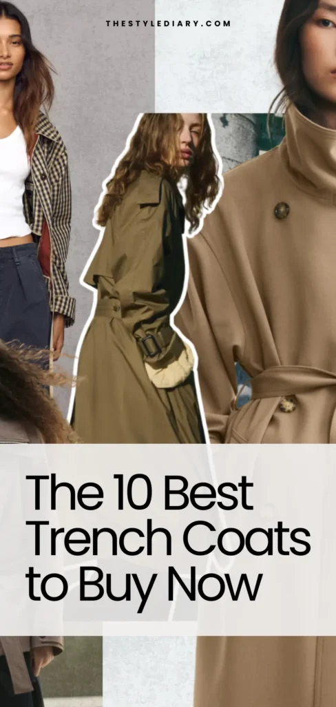 Pinterest graphic titled โThe 10 Best Trench Coats to Buy Now,โ showing a gingham check trench, an olive belted trench, and a camel funnel-neck trench coat