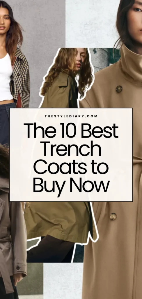 Pinterest graphic titled โThe 10 Best Trench Coats to Buy Nowโ over a collage of gingham, olive, and camel trench coats