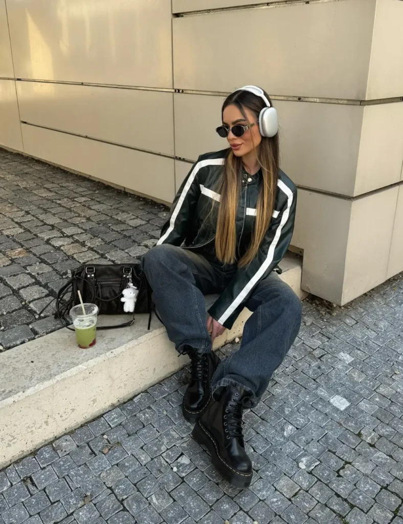 Woman wearing a black track jacket with white stripes, relaxed dark jeans, black lace-up boots, and over-ear headphones while sitting on a stone ledge