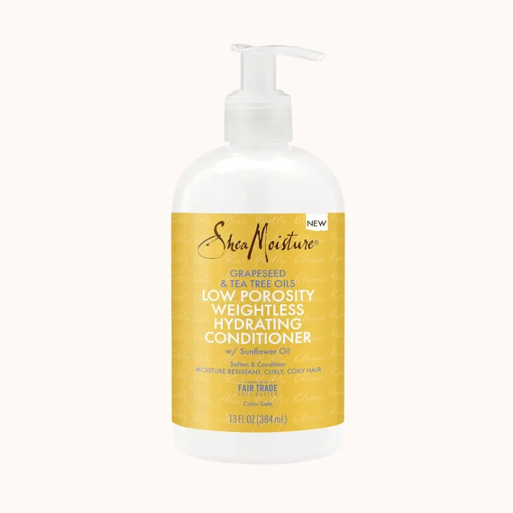 a single bottle of SheaMoisture Low Porosity Weightless Hydrating Conditioner on a plain background